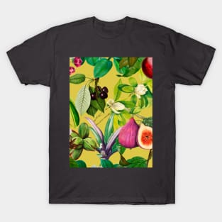 Vibrant tropical floral leaves and fruits floral illustration, botanical pattern, tropical plants, Yellow fruit pattern over a T-Shirt